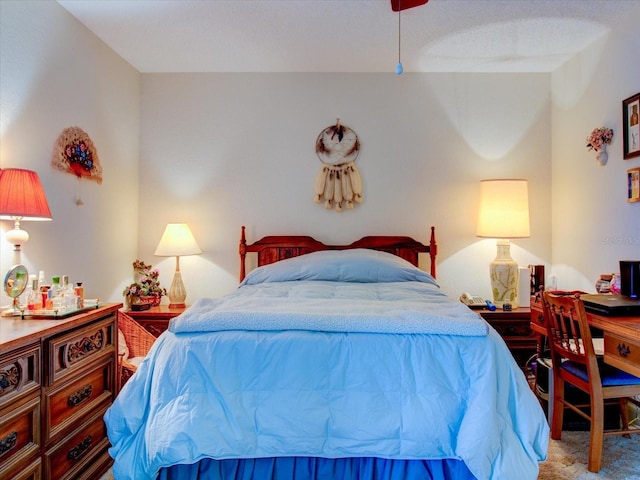 bedroom with light colored carpet