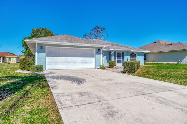 single story home featuring a front yard and a garage