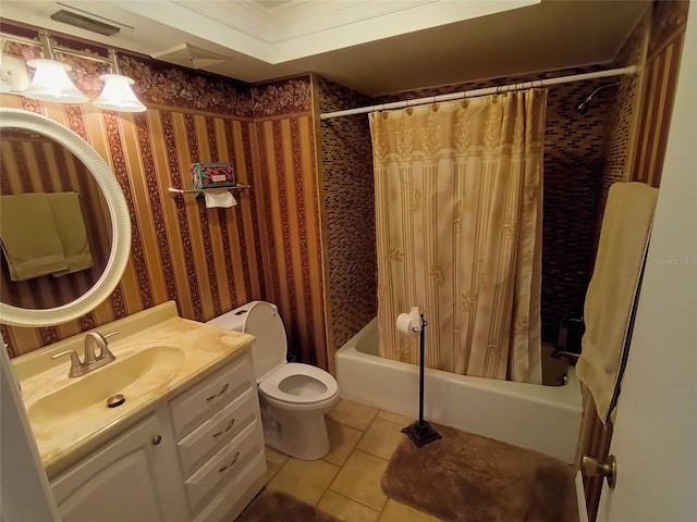 full bathroom featuring vanity, tile patterned flooring, shower / bathtub combination with curtain, and toilet