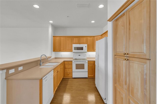 kitchen featuring light hardwood / wood-style floors, sink, light brown cabinetry, and white appliances