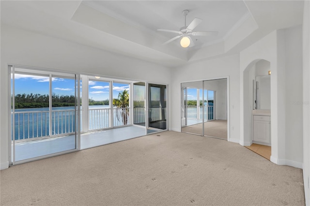 unfurnished room with light carpet, a raised ceiling, and ceiling fan