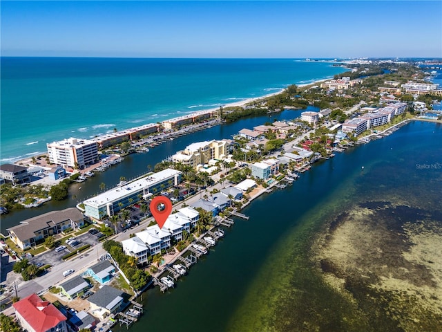 drone / aerial view featuring a water view