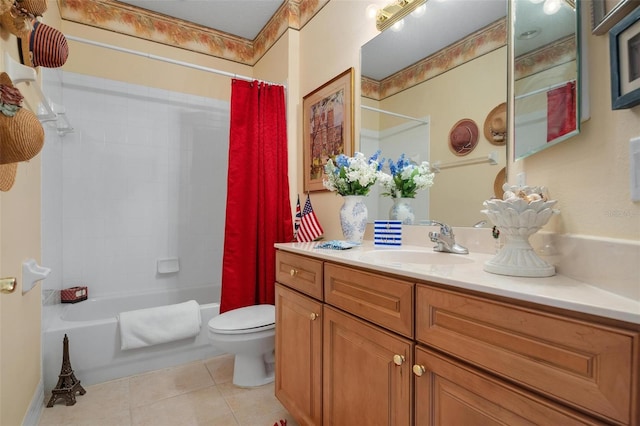 full bathroom with oversized vanity, toilet, tile floors, and shower / bathtub combination with curtain