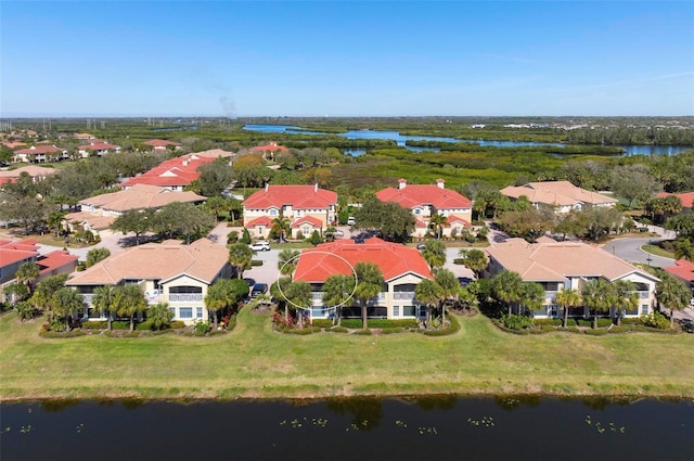 aerial view featuring a water view