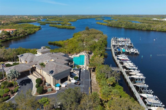 aerial view featuring a water view