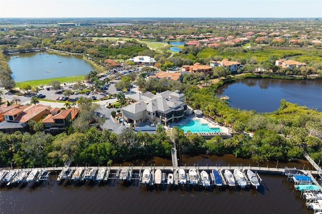 aerial view featuring a water view