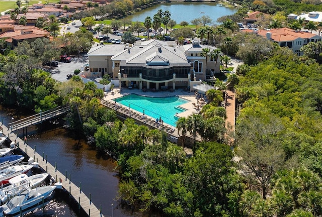 drone / aerial view with a water view