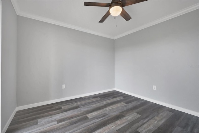 unfurnished room with ornamental molding, ceiling fan, and dark wood-type flooring