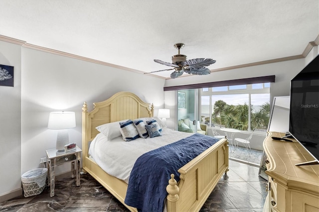 bedroom with crown molding and ceiling fan