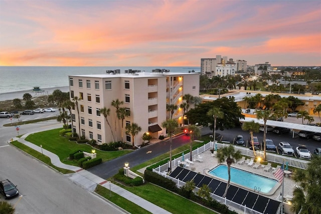 exterior space with a water view