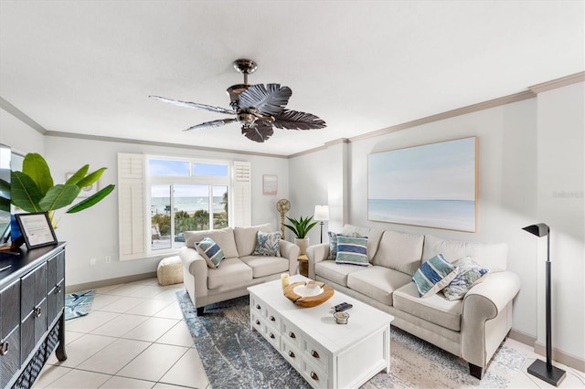 living room with light tile patterned flooring, ceiling fan, and ornamental molding