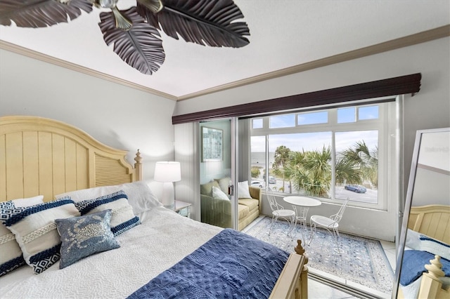 tiled bedroom featuring ornamental molding