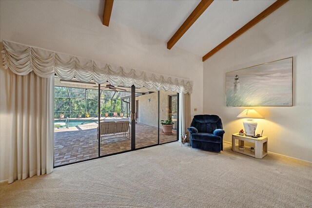 living area featuring carpet flooring, high vaulted ceiling, and beam ceiling