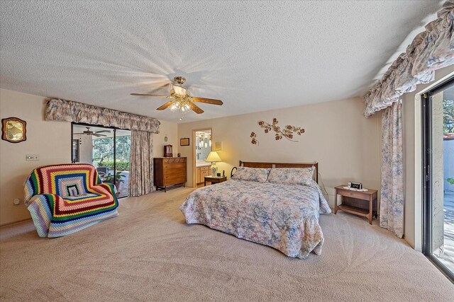 carpeted bedroom with ceiling fan, a textured ceiling, and access to outside