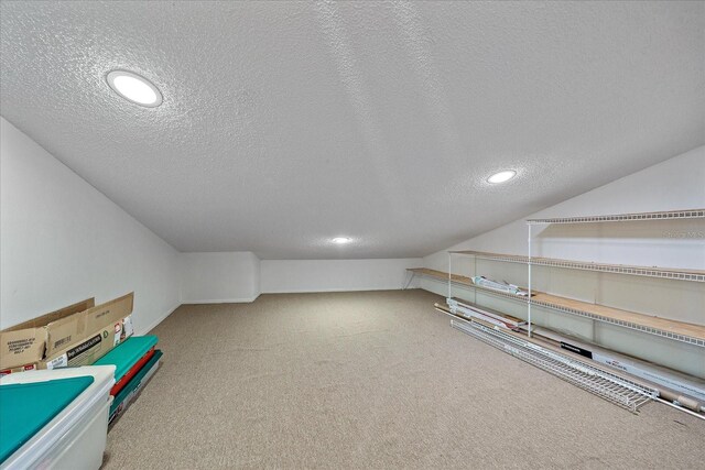 additional living space with lofted ceiling, carpet flooring, and a textured ceiling