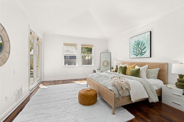 bedroom featuring access to outside, crown molding, dark hardwood / wood-style floors, and lofted ceiling