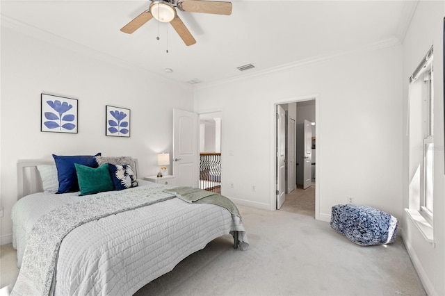 bedroom featuring light carpet, ceiling fan, and ornamental molding