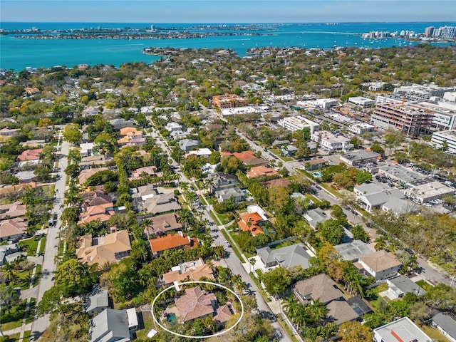 drone / aerial view featuring a water view