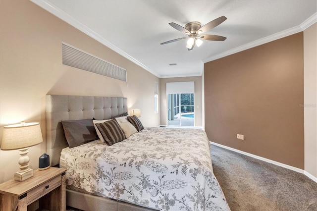 carpeted bedroom featuring ceiling fan, access to outside, and crown molding