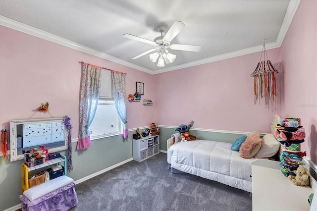 carpeted bedroom with ceiling fan and ornamental molding