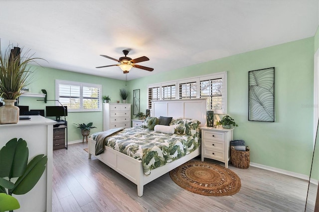 bedroom featuring ceiling fan and light wood-type flooring