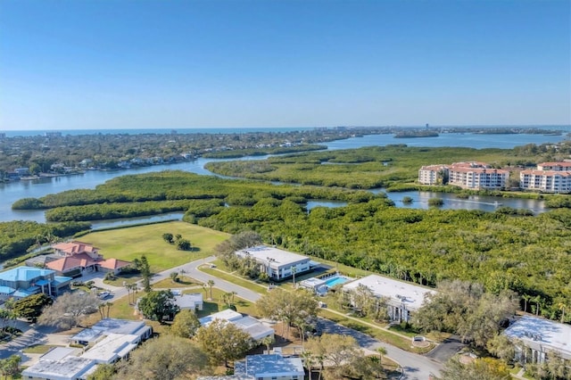 bird's eye view with a water view