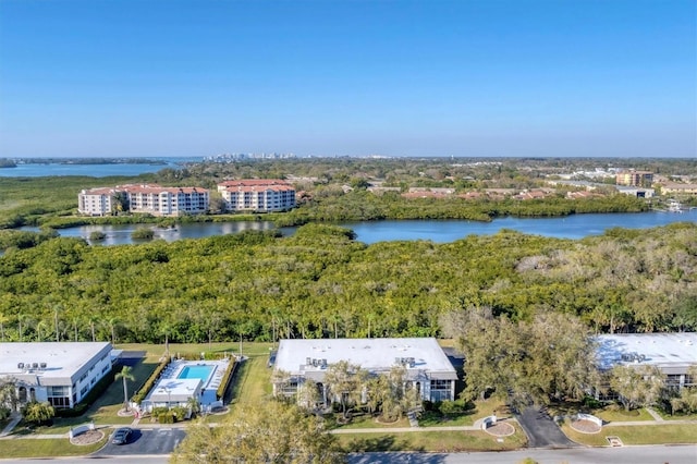 bird's eye view with a water view