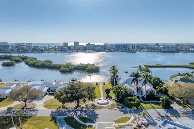 aerial view featuring a water view