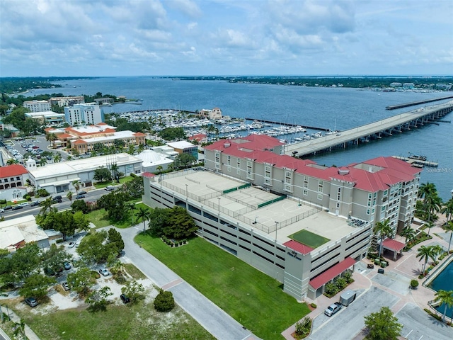 bird's eye view with a water view