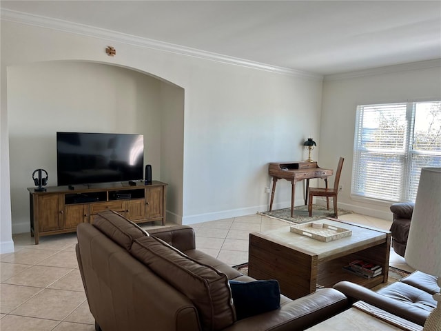 tiled living room with ornamental molding