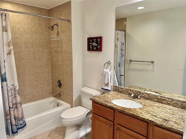 full bathroom with shower / bath combination with curtain, toilet, large vanity, and tile flooring