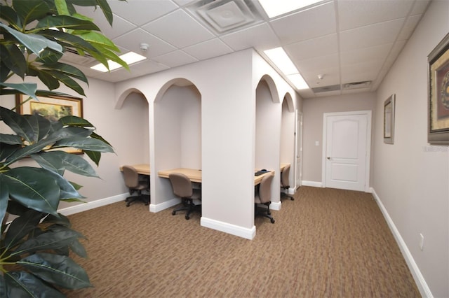 carpeted office space featuring a drop ceiling