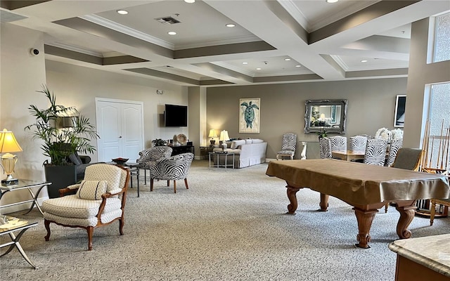 recreation room with coffered ceiling, billiards, beam ceiling, crown molding, and light colored carpet