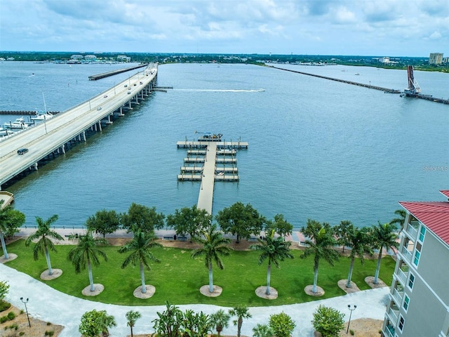 drone / aerial view featuring a water view