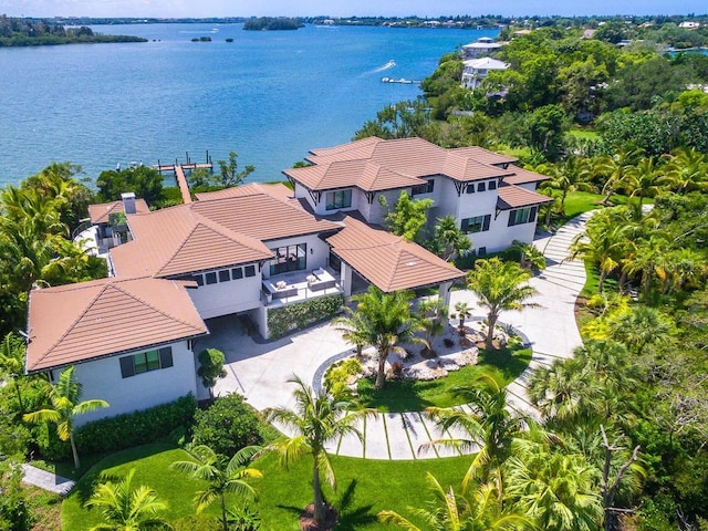 drone / aerial view featuring a water view