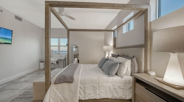 bedroom featuring visible vents, ceiling fan, and baseboards