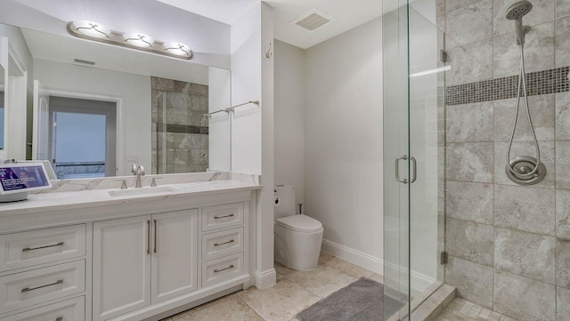 bathroom featuring visible vents, vanity, toilet, and a shower stall