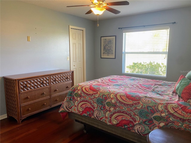 bedroom featuring ceiling fan and dark hardwood / wood-style flooring