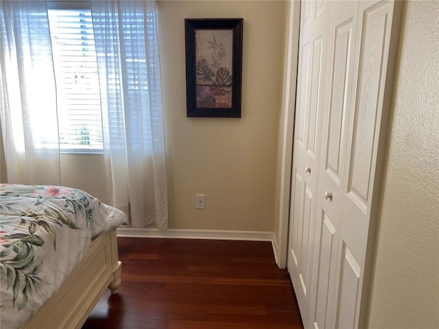 bedroom with dark hardwood / wood-style flooring and a closet