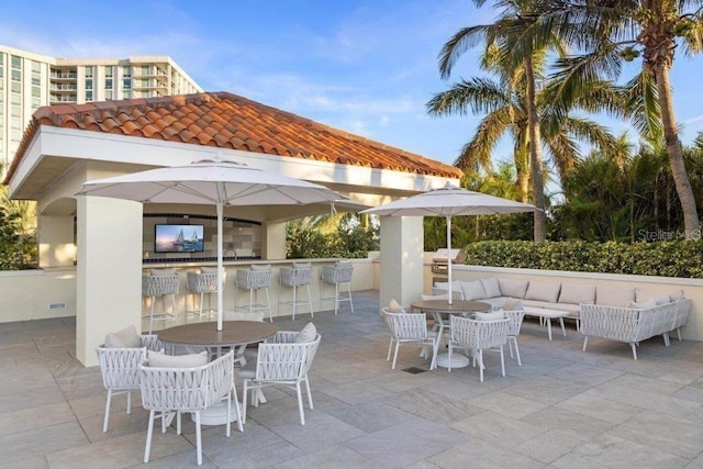 view of terrace featuring outdoor lounge area, exterior bar, and exterior kitchen