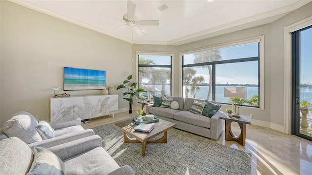 living room featuring crown molding and ceiling fan