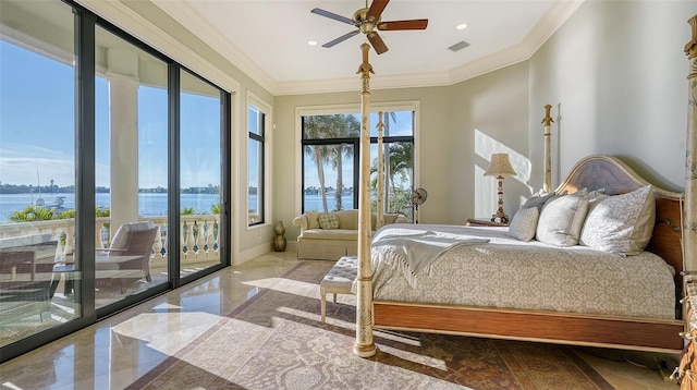 bedroom with ceiling fan, crown molding, access to exterior, and a water view