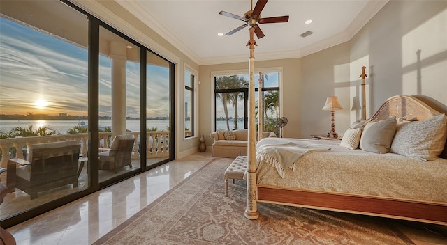 bedroom featuring ceiling fan, ornamental molding, access to exterior, and a water view