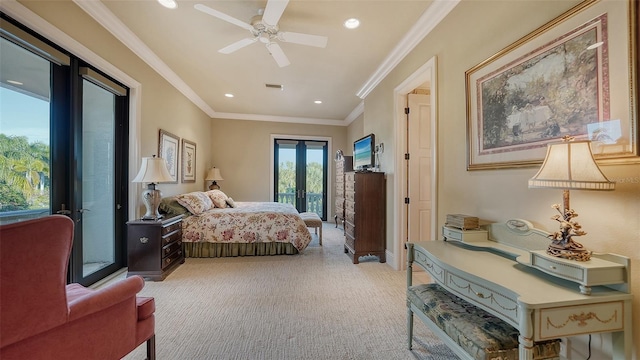 bedroom with ornamental molding, ceiling fan, light colored carpet, and access to exterior