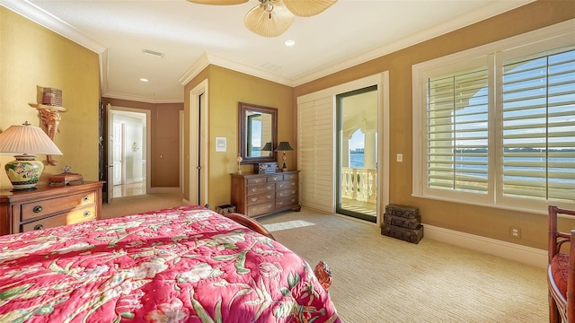 bedroom featuring ornamental molding, light carpet, ceiling fan, and access to exterior