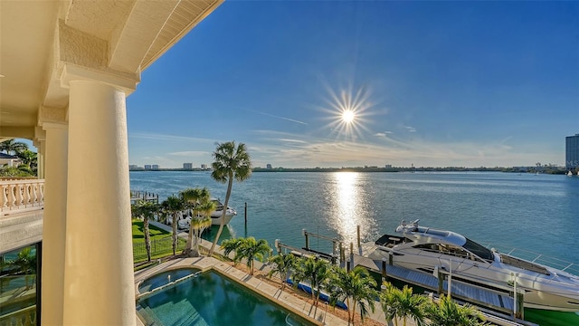 view of water feature with a dock