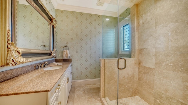 bathroom featuring walk in shower and vanity