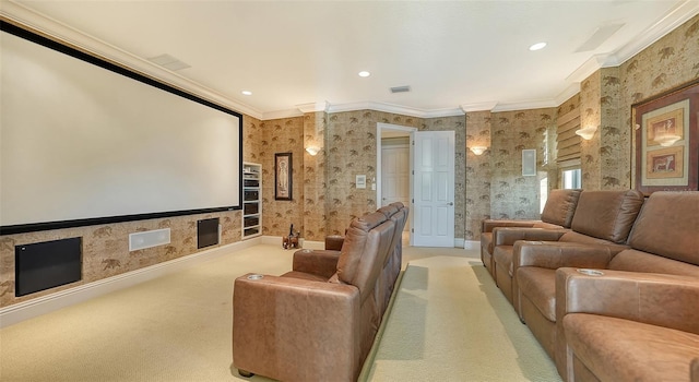 carpeted cinema with crown molding