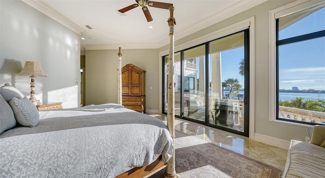 bedroom featuring access to outside, crown molding, multiple windows, and a water view