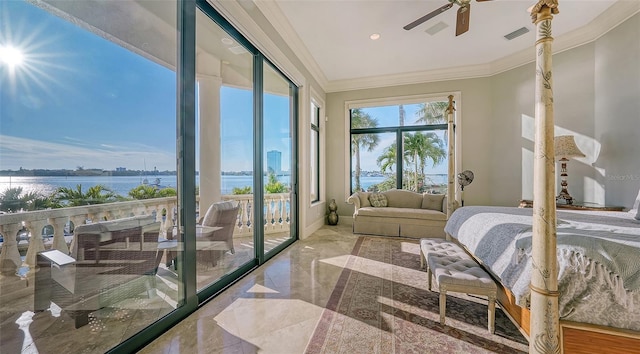 bedroom featuring ceiling fan, access to outside, crown molding, and a water view